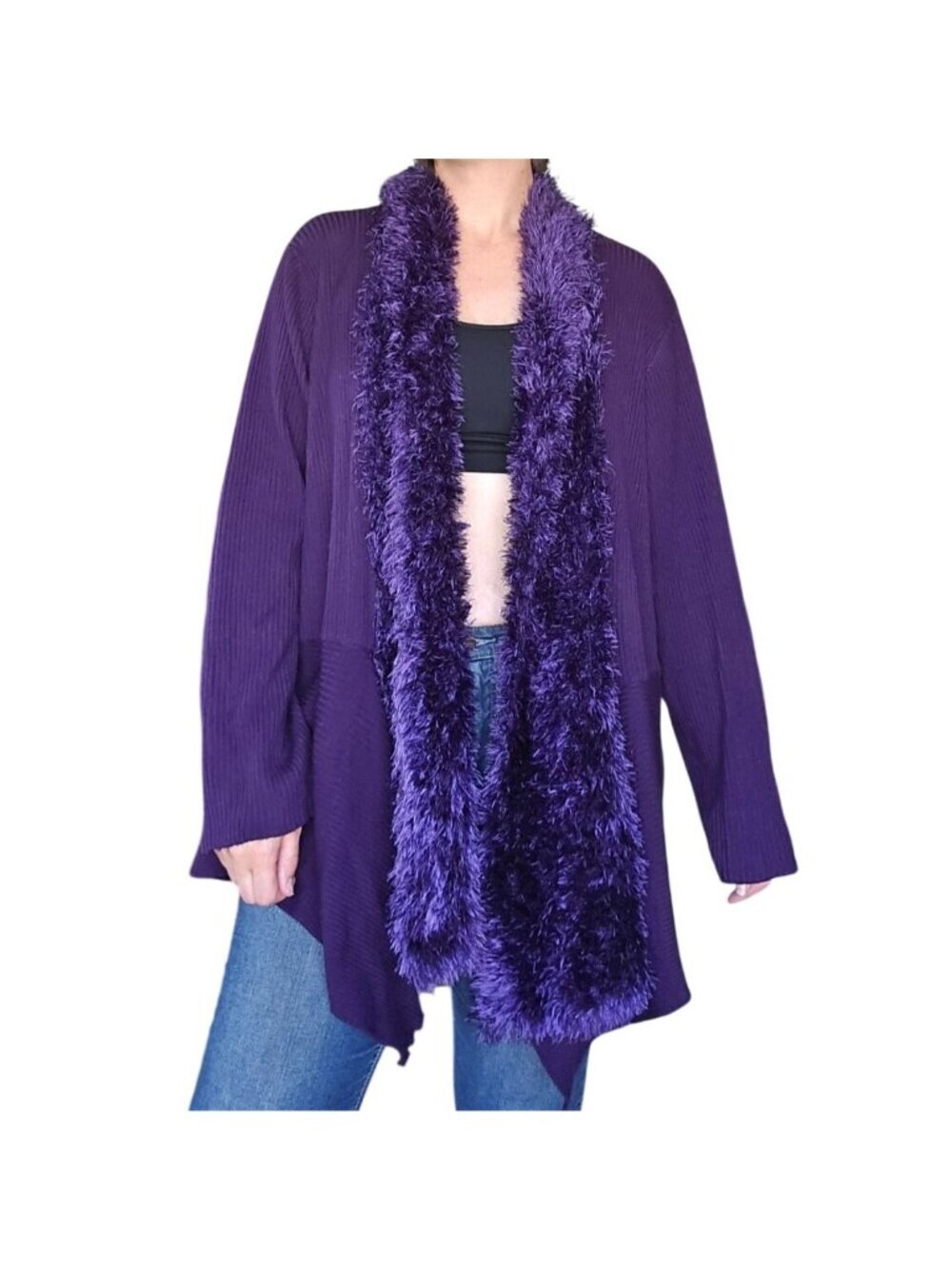 Catherine's Royal Purple Fuzzy Trim Open Front Cardigan Women's Size 3X Cozycore